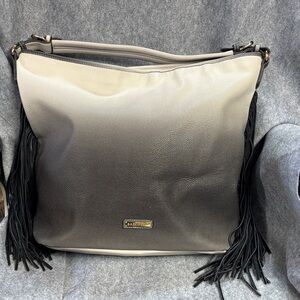 BASEMENT suede & faux  pebbled leather grey ombre XXL tote fringe purse bag